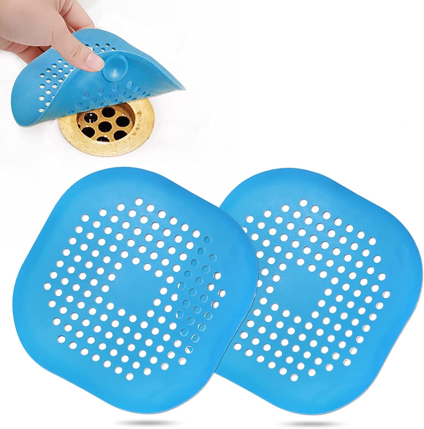 Effortless Hair Drain Catcher - Square Silicone Shower Stopper with Suction Cup - 2 Pack in Stylish Blue for Easy Bathroom and Kitchen Use